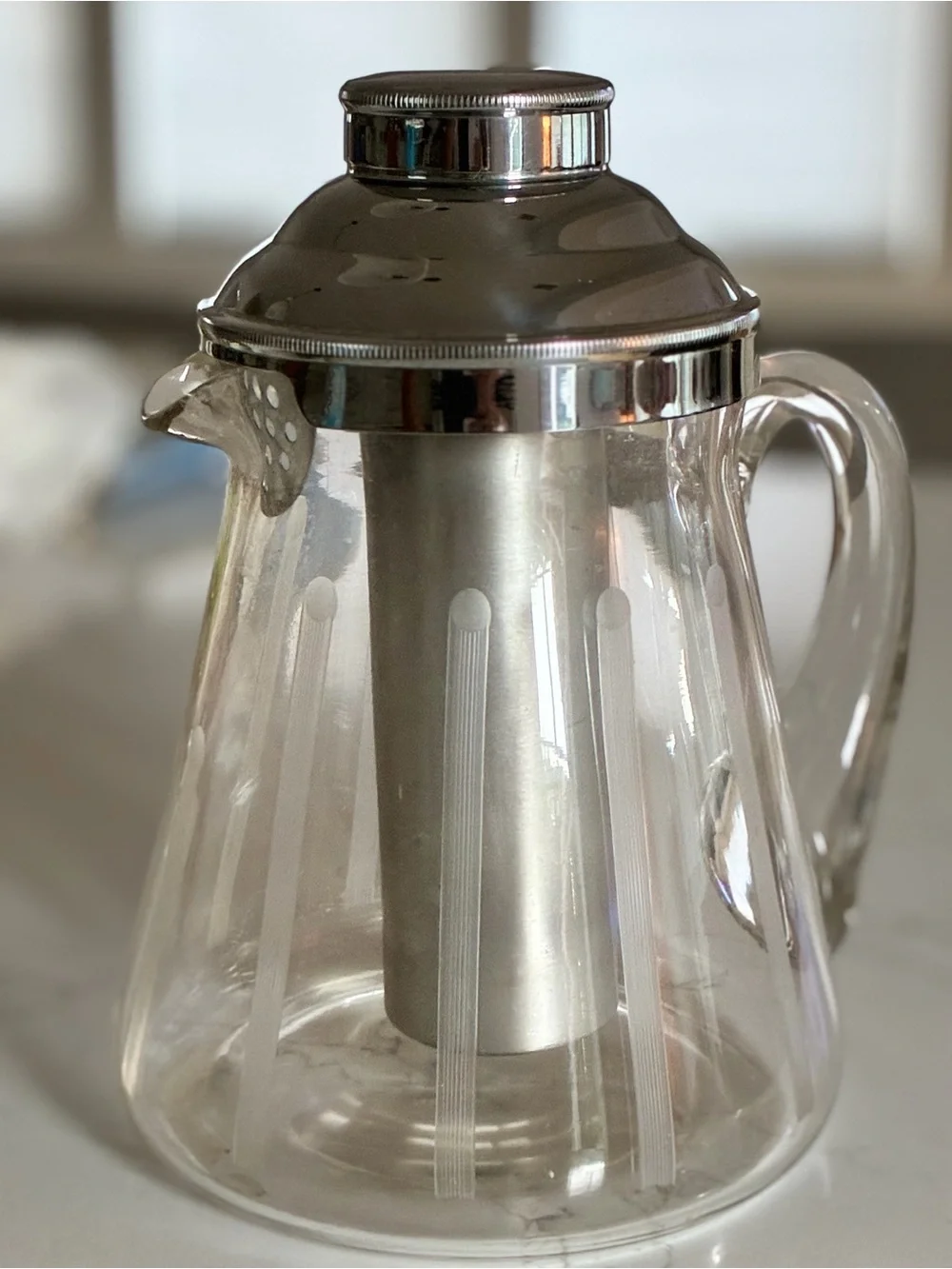 Vintage Art Deco Glass Ice Lip Pitcher Chrome Core Insert Cocktail Water Carafe